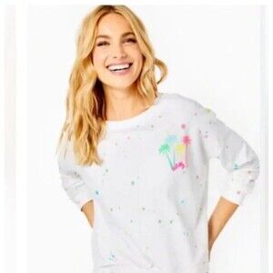 Lilly Pulitzer Paint Splatter Sheridan Sweatshirt XXS Palm Trees Oversized Neon